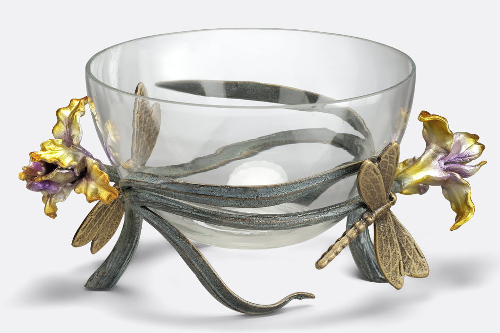 cast aluminum and glass decorative bowl with purple and yellow irises with dragonflies.