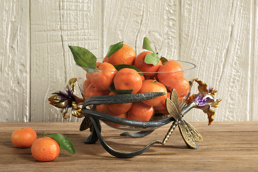 cast aluminum and glass decorative bowl with purple and yellow irises with dragonflies.