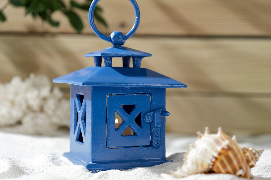 blue cape cod style, cast metal beach lantern #color_blue
