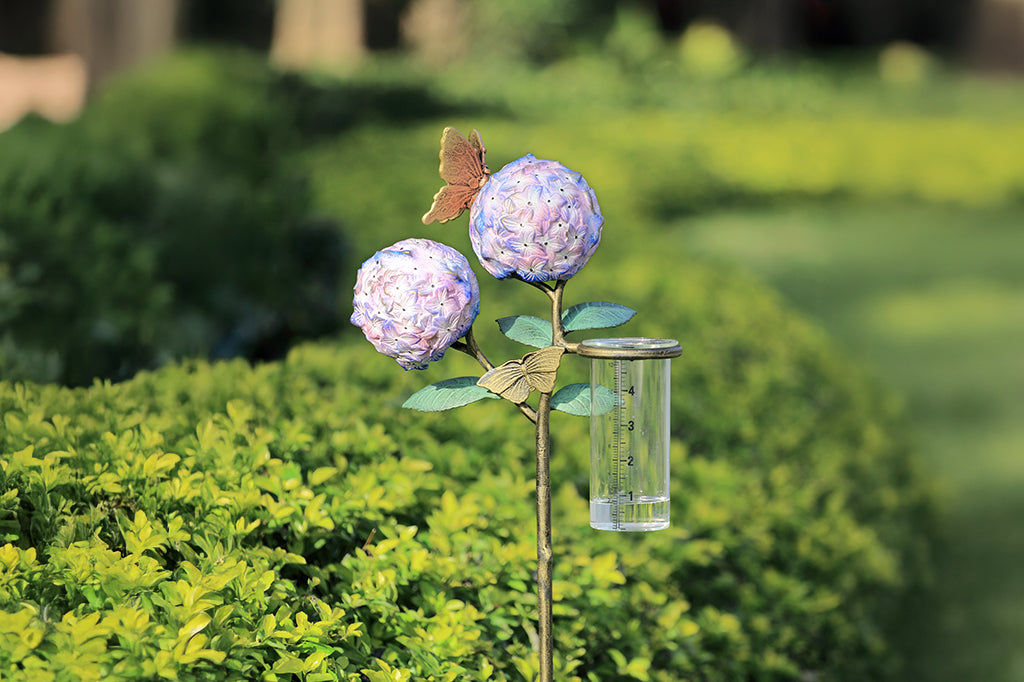 Cast metal twin purple and blue hydrangea blooms with butterflies rain catcher