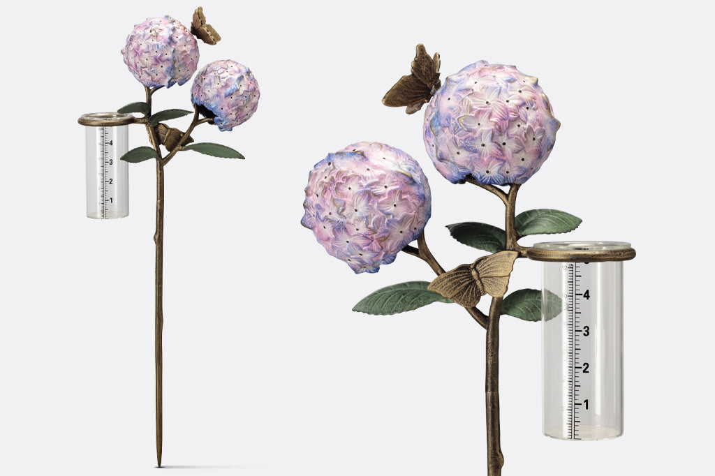 Cast metal twin purple and blue hydrangea blooms with butterflies rain catcher