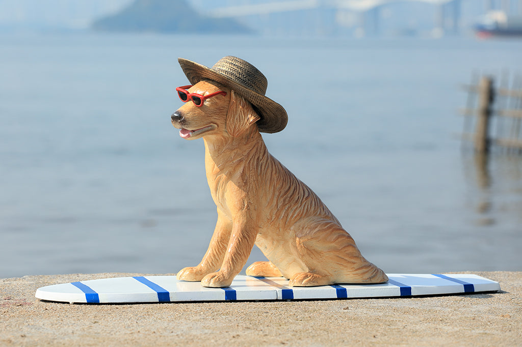 cast metal dog with sunglasses sat on stripped blue and white surfboard set in urban beach scene