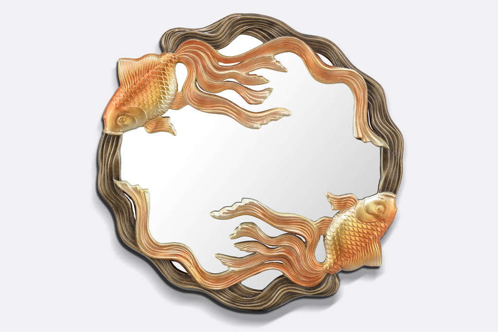 cast metal golden koi circular mirror
