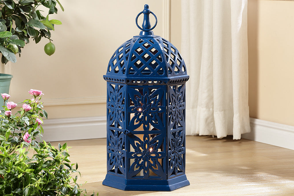 Decorative blue lantern with intricate patterns.