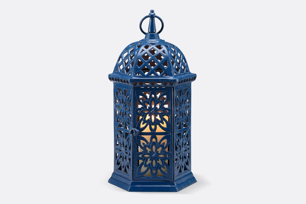 Blue decorative lantern with intricate patterns.