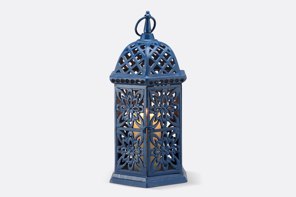Blue decorative lantern with intricate patterns.
