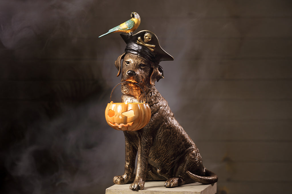 cast metal pirate dog with parrot on hat with jack o lantern in mouth seated on perch