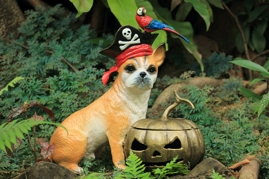 cast metal pirate dog sculpture with parrot perched on hat set in garden scene