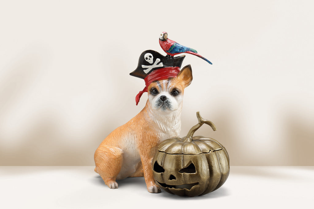 Cast metal Pirate dog sculpture featuring red parrot perched on pirate hat with bronze jack o lantern