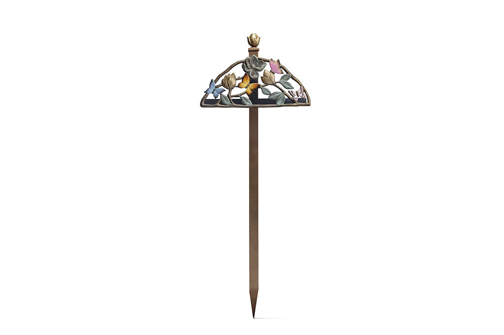 Decorative garden stake with colorful top on a white background, front view.