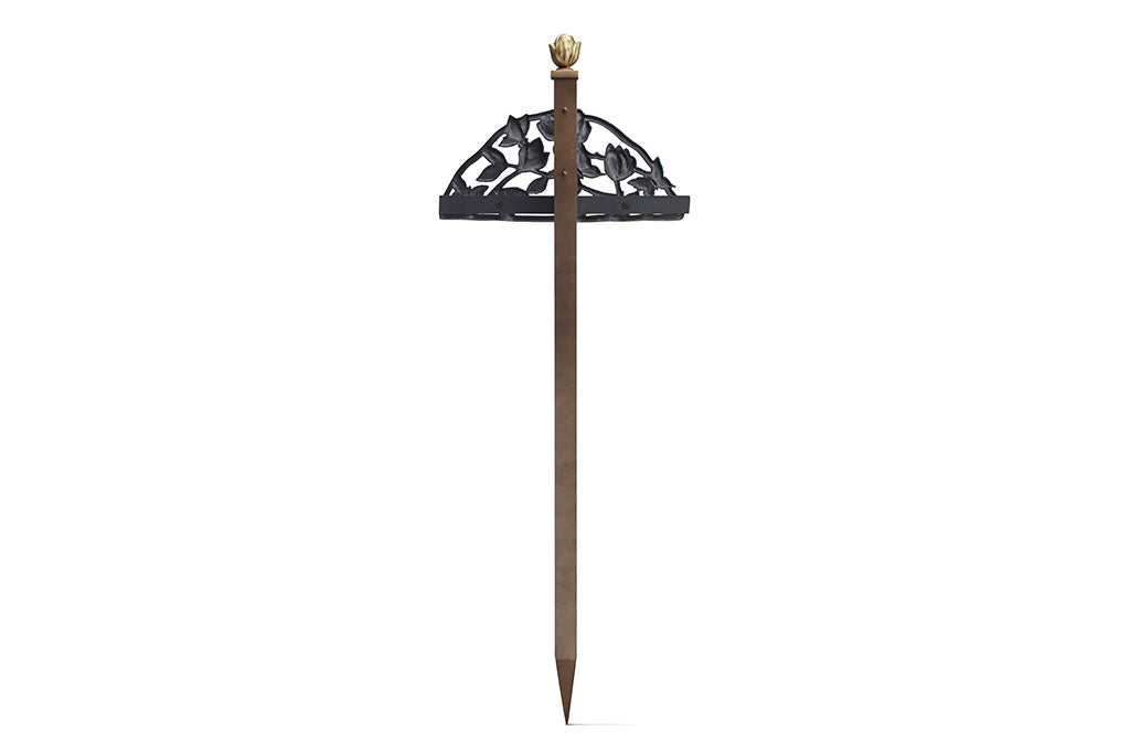 Decorate garden stake on white background, back view.