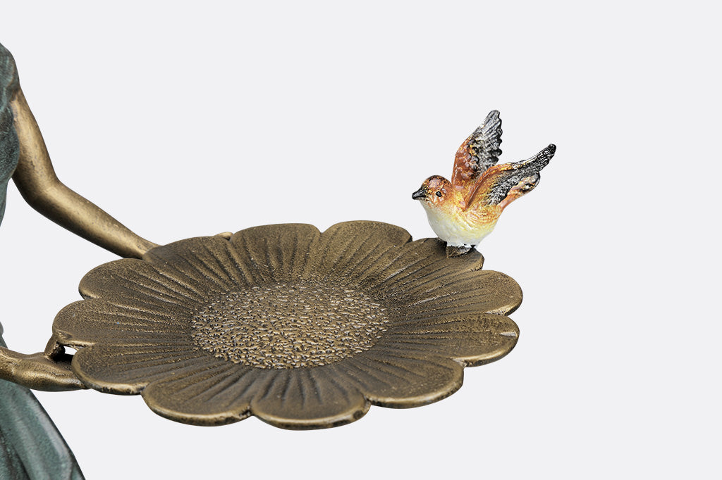 A hovering fairy with a flowing dress with a platter birdfeeder.