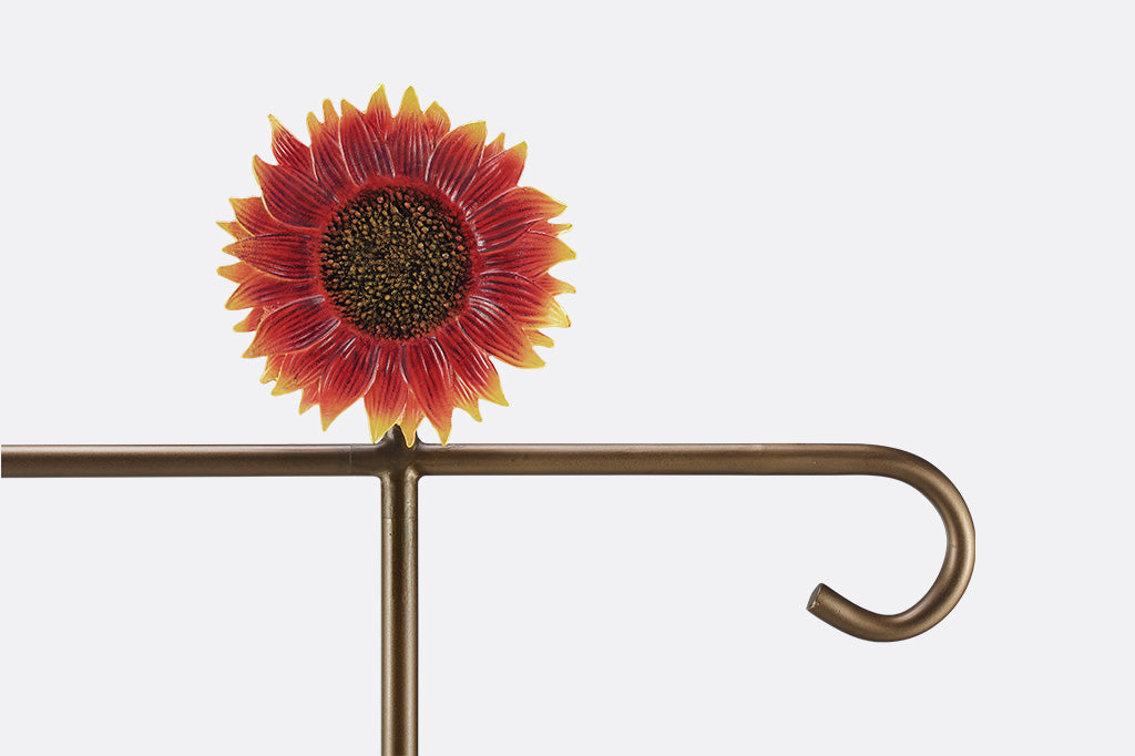 A flag stand of two sunflowers