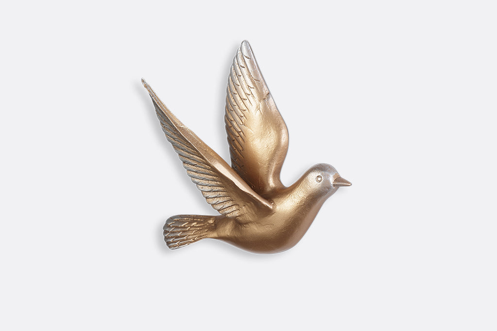 A set of 5 gold birds posed in flight.