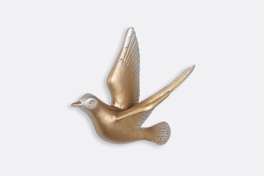 A set of 5 gold birds posed in flight.