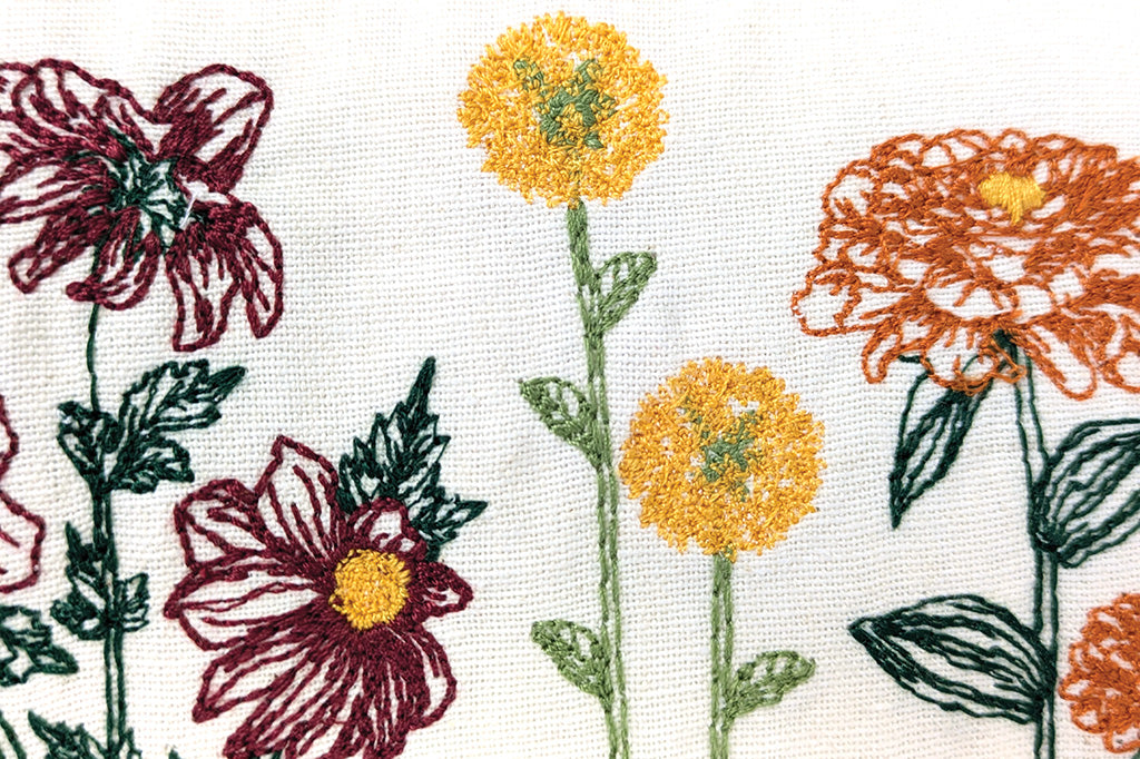 A close up of a towel showing stitched details of vibrant flowers.