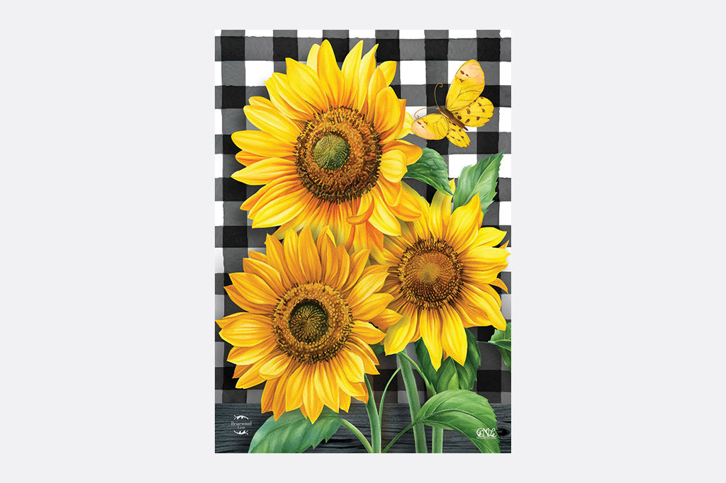 garden flag of sunflowers and black and white buffalo checked background