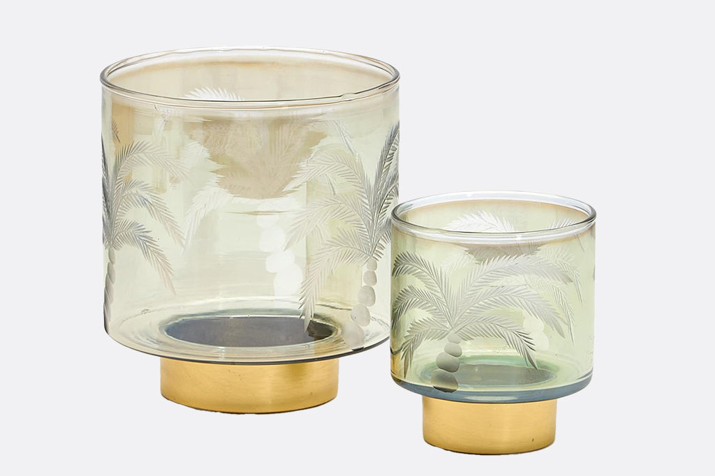 Set of etched palm tree glass candle holders with gold details