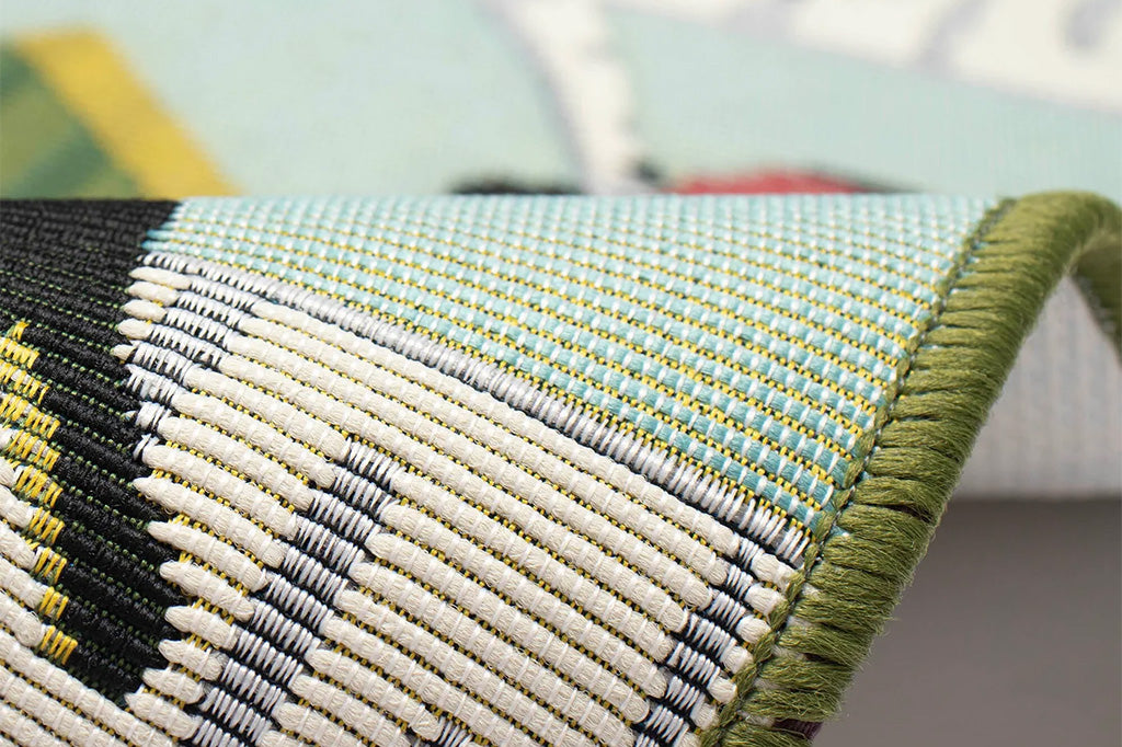 Close-up of a woven rug to show low-nap woven texture