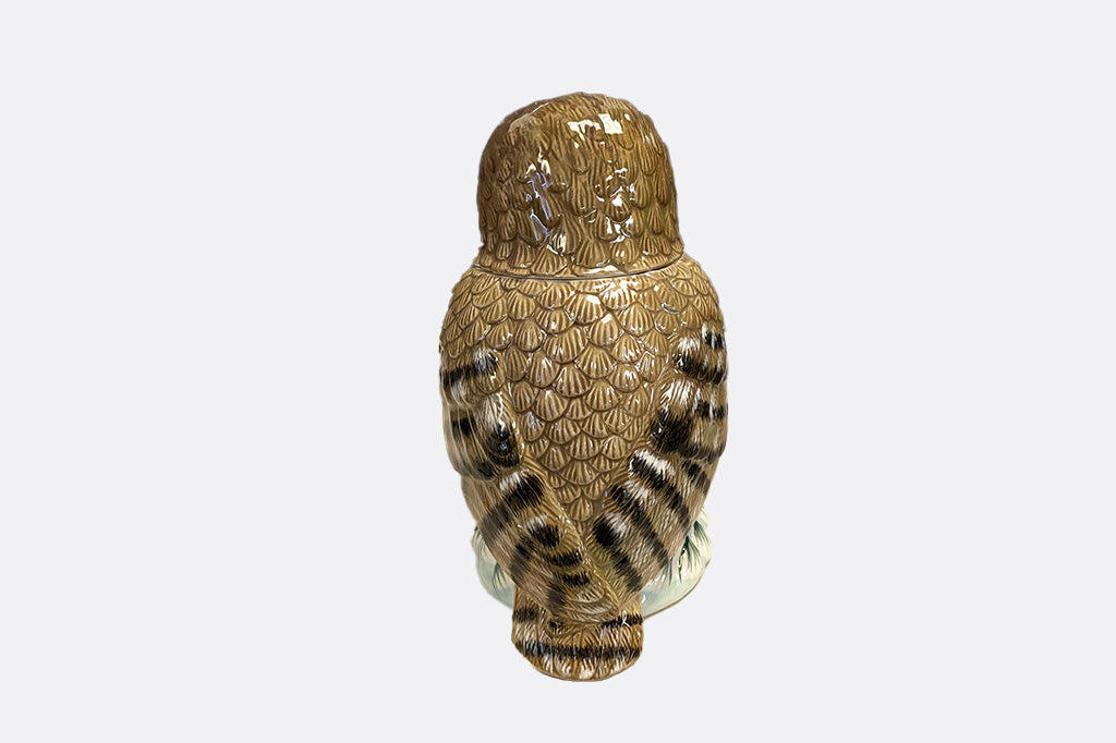Cermaic owl cookie jar on a white background - view of backside and sculpted wingfeathers