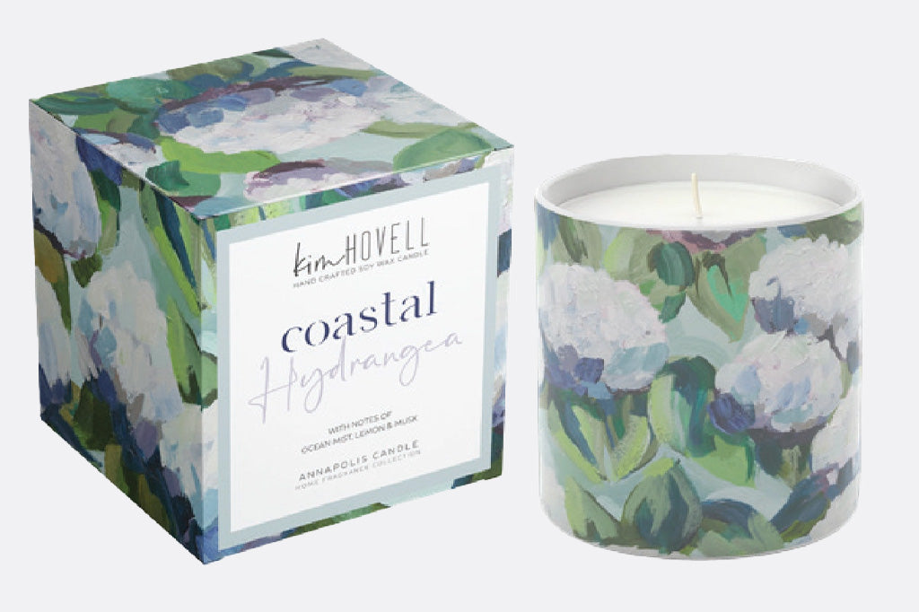 Hydrangea oil painting design on glass scented candle with matching box.