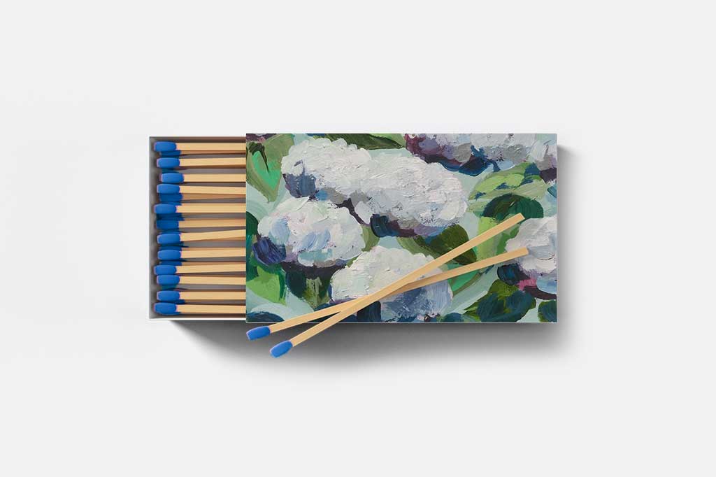 Hydrangea oil painting design on decorative box for 4"long wood matches with colored tips