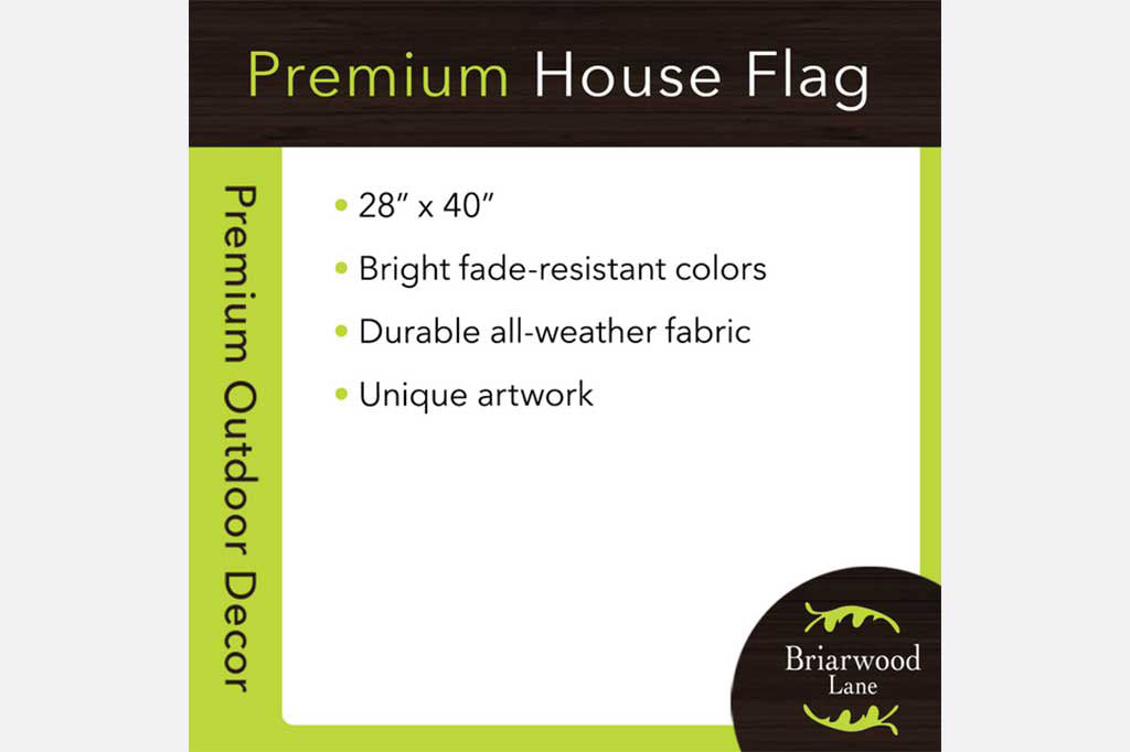 Briarwood Lane premium house flag packaging with product details.