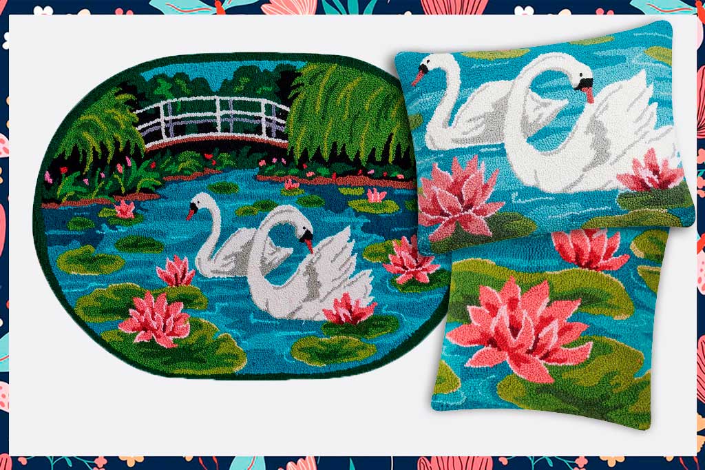 Bundled offer of hooked rug, and 2 pillows in a vivid blue and green, swan and water lily motif.