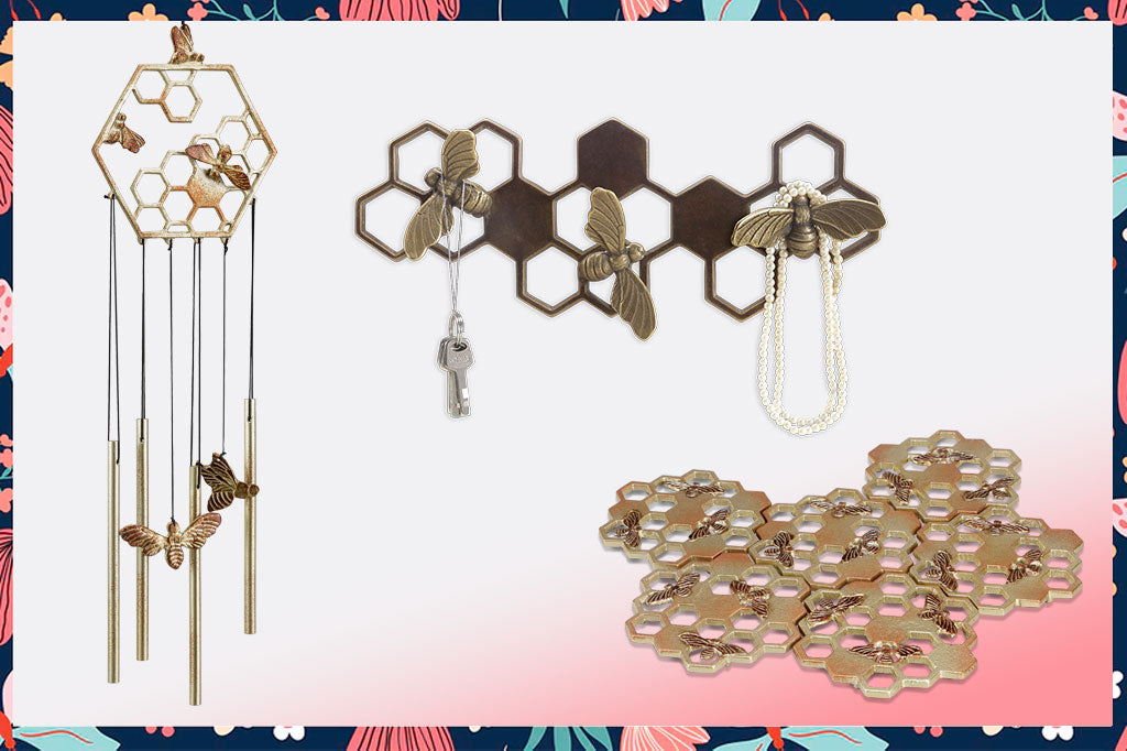 Queen Bee Set features a windchime, key hook and set of 6 coasters, all with golden honeycomb and honey bee motif.