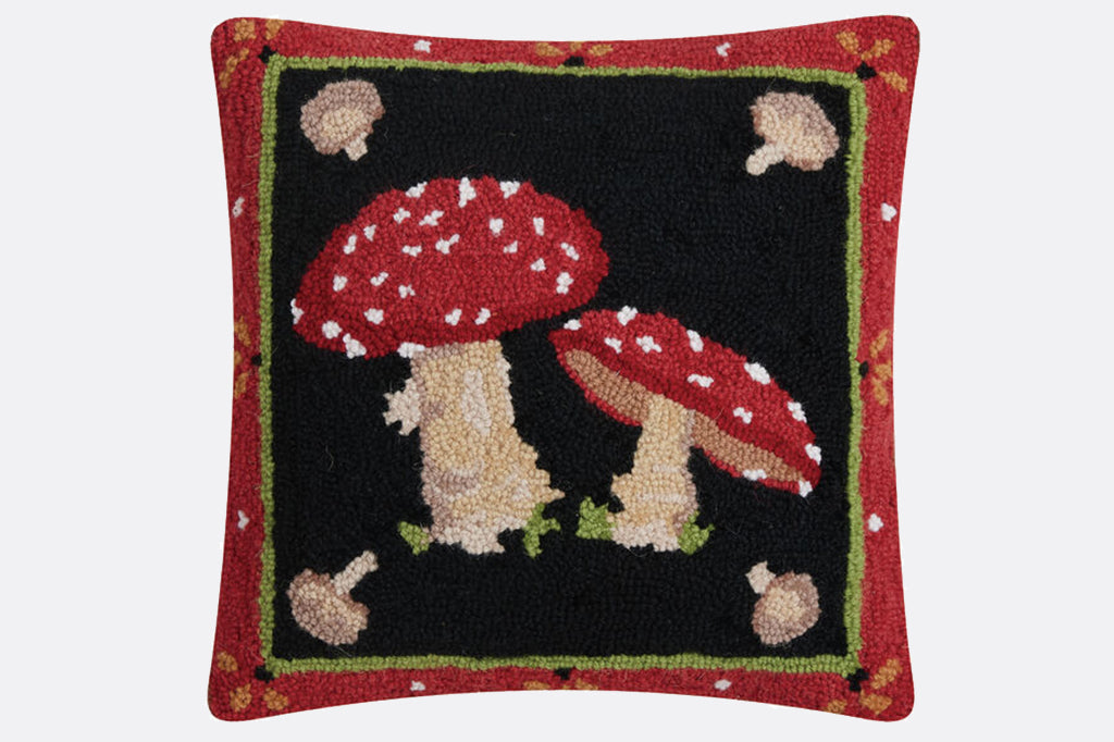 red and white mushroom tufted square pillow