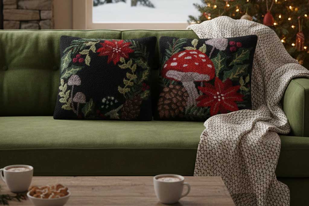 wreath, mushroom and poinsettia hooked pillows - coordinated on a green couch in christmas living room