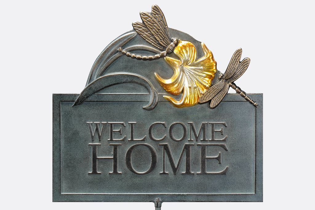 Metal dragonfly and lily welcome home sign