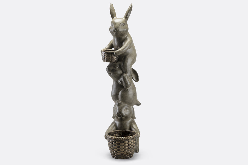 cast metal trio bunny stacked planter with two planters. one at base of sculpture the other in the paws on top bunny. Face left
