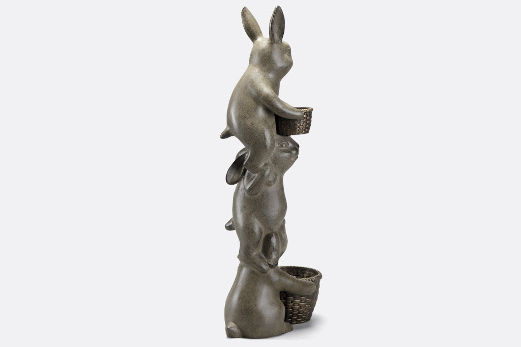 Back of bunny trio planter of three bunnies in a playful tower