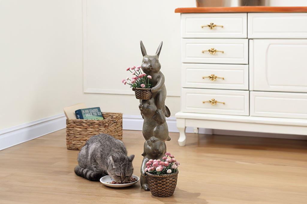 Bunny planter in living room with cat nibbling on food as reference size 