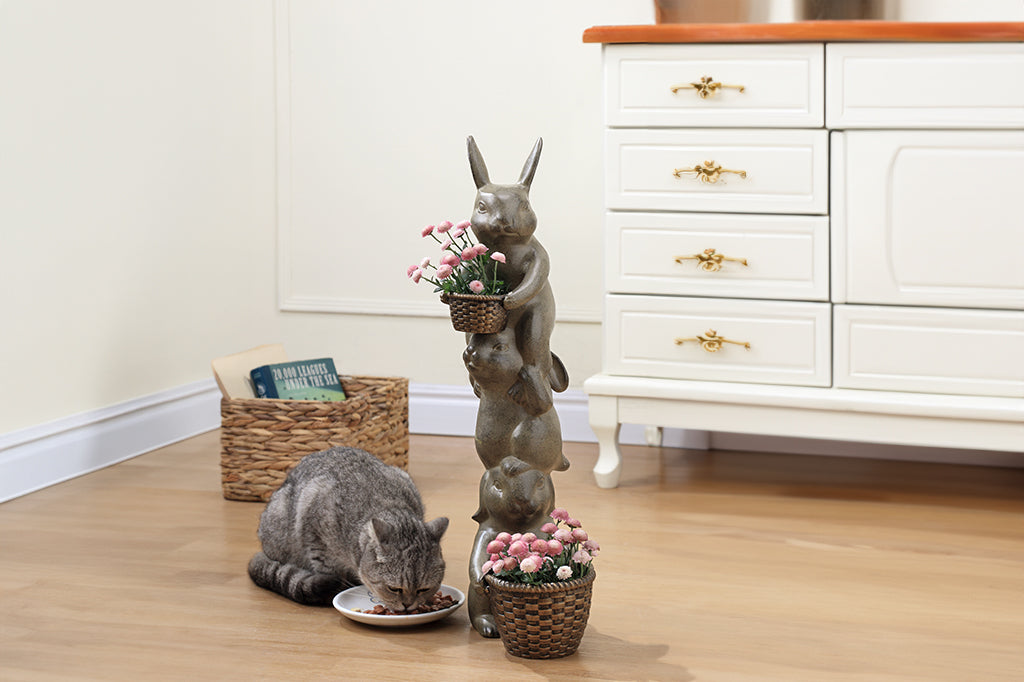 Bunny planter in living room with cat nibbling on food as reference size