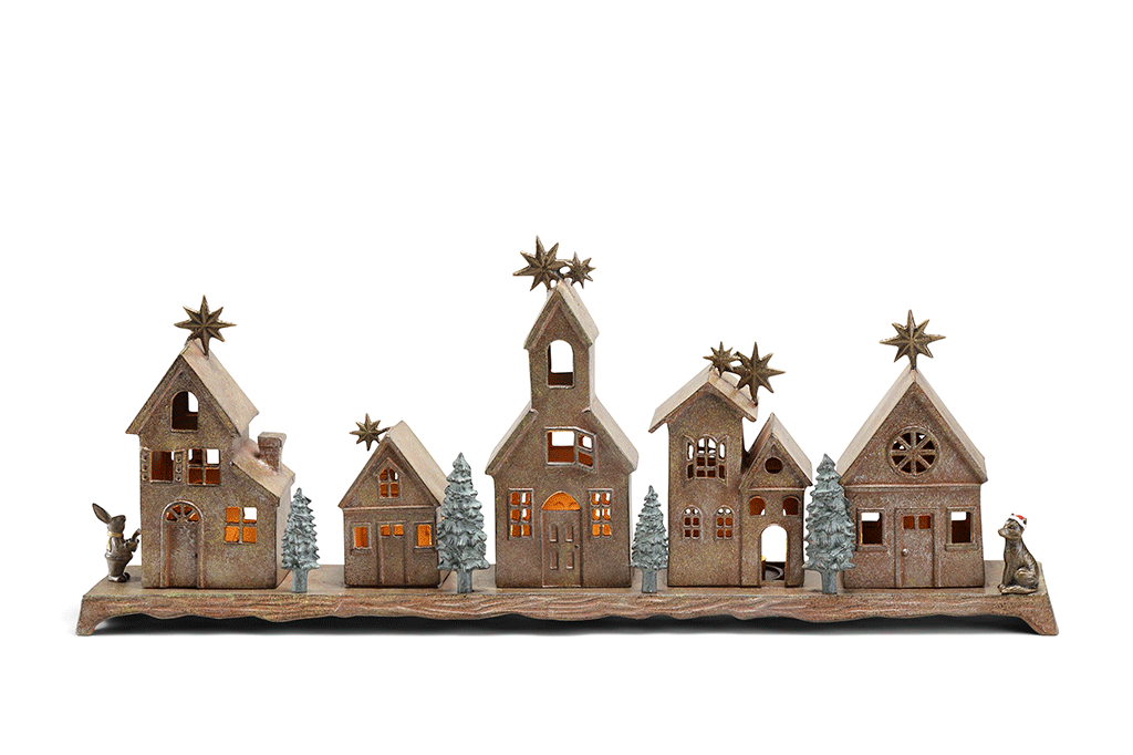 Cast metal holiday village house set of five, with small whimsical animals on side. Each house is a holder for a tealight