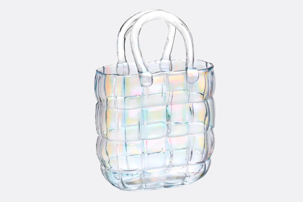 Iridescent glass vase shaped like handbag
#color_iridescent