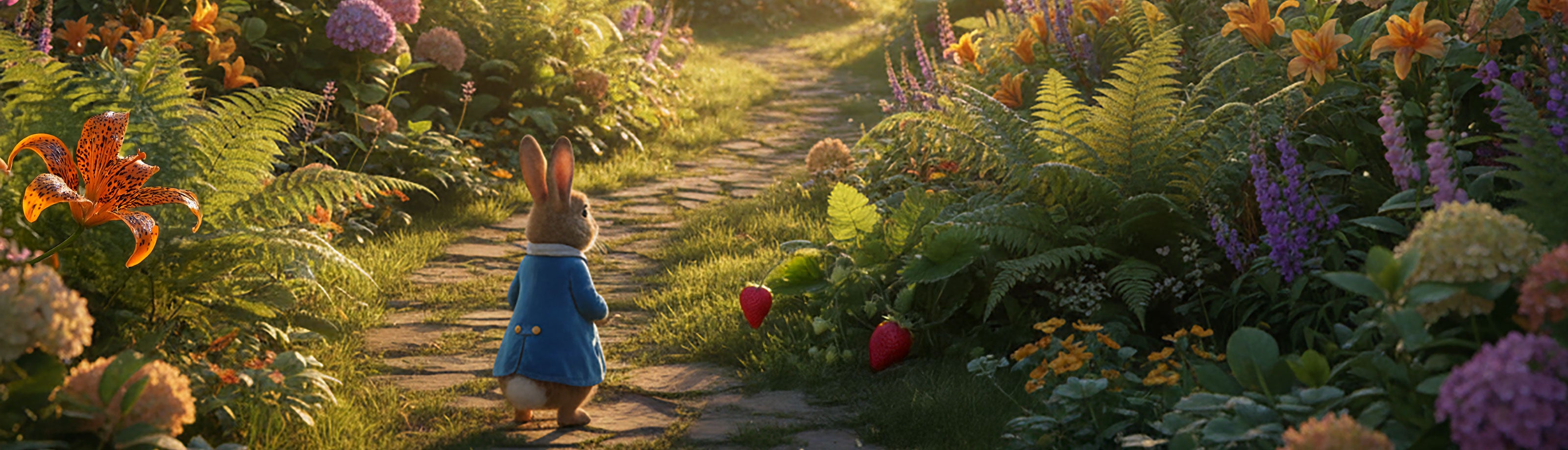 Animated bunny in a blue coat walking through a colorful garden with flowers and plants.