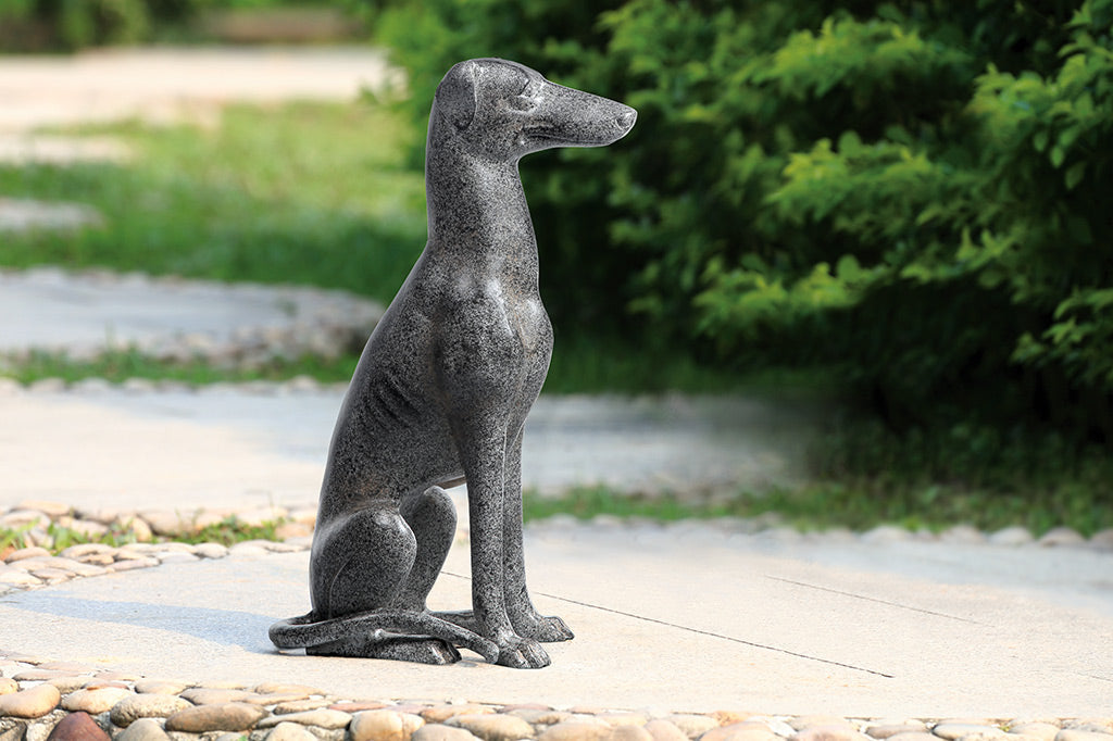 greyhoundcast aluminum dog finished to look like grey speckle marble