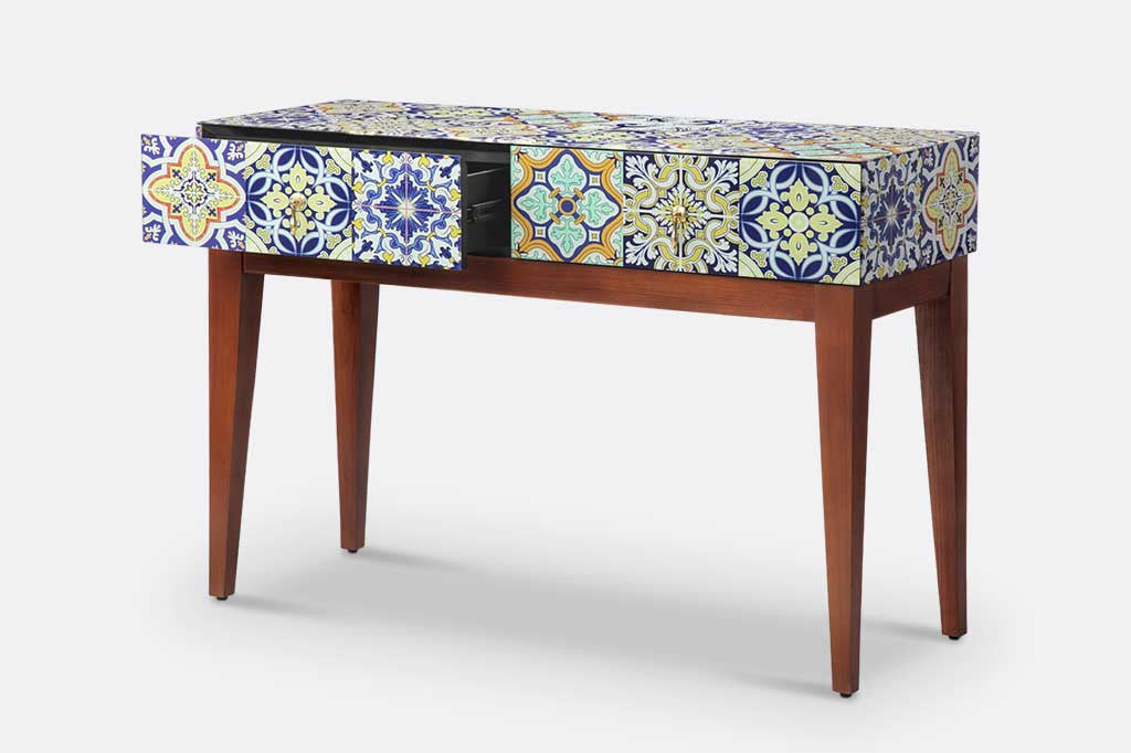 console table with blue and white tiles, with two drawers