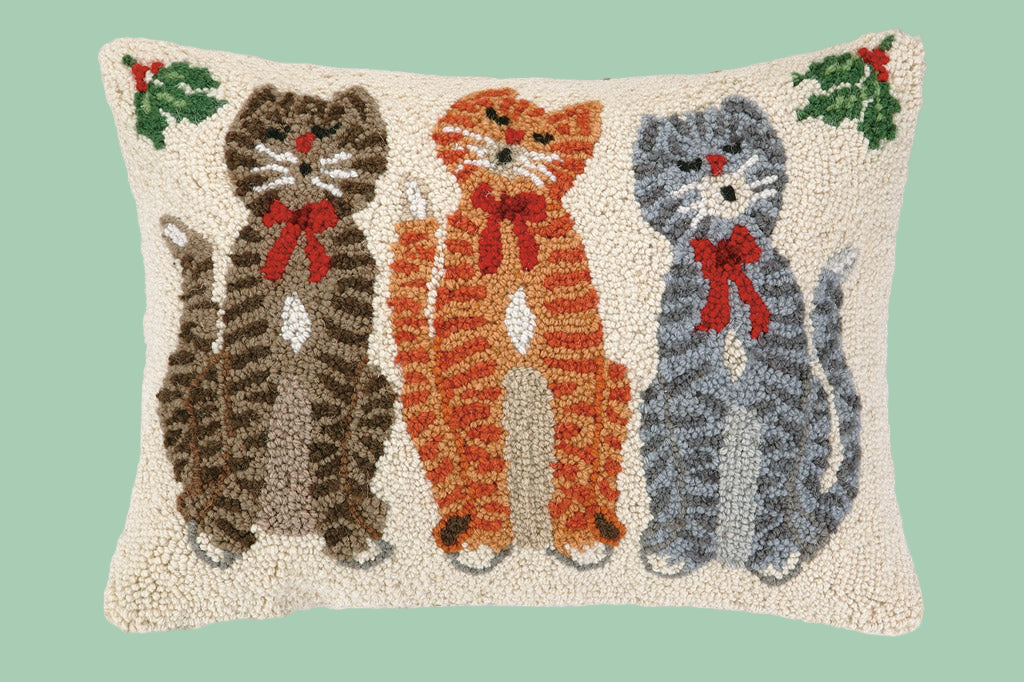 hooked wool pillow featuring 3 singing tabby cats