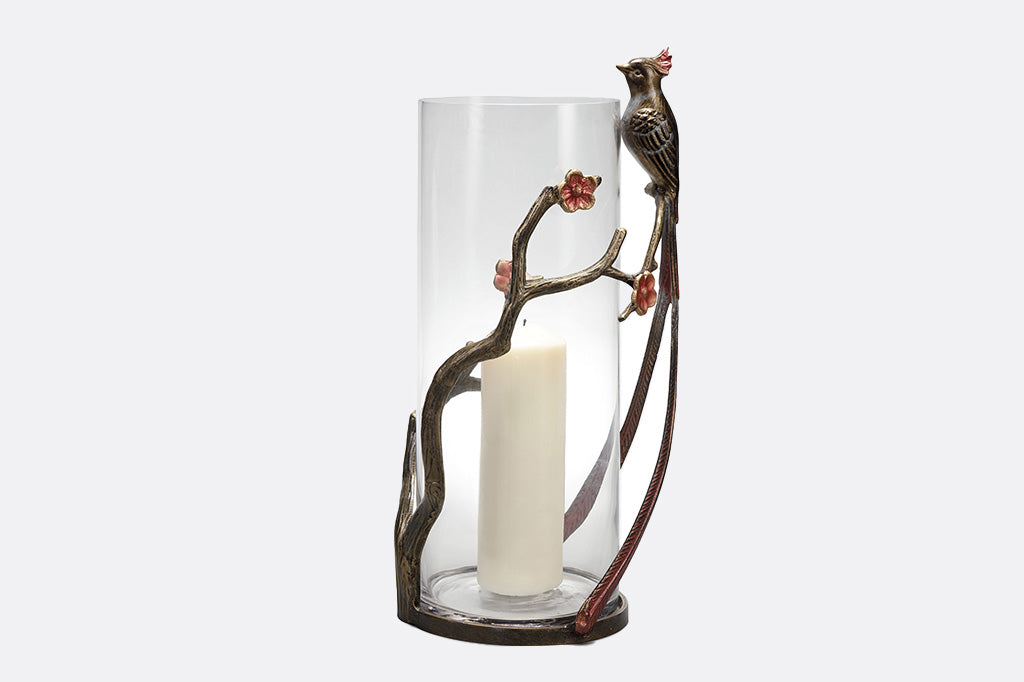 side view of asian tapestry grand vase, flycatcher bird looking to the left
