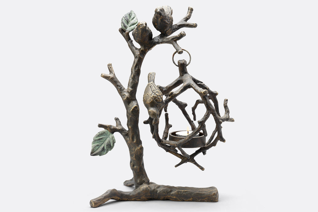 hanging tea light holder, sculpture of birds on a branch with interlocking twigs to form a tealight cage