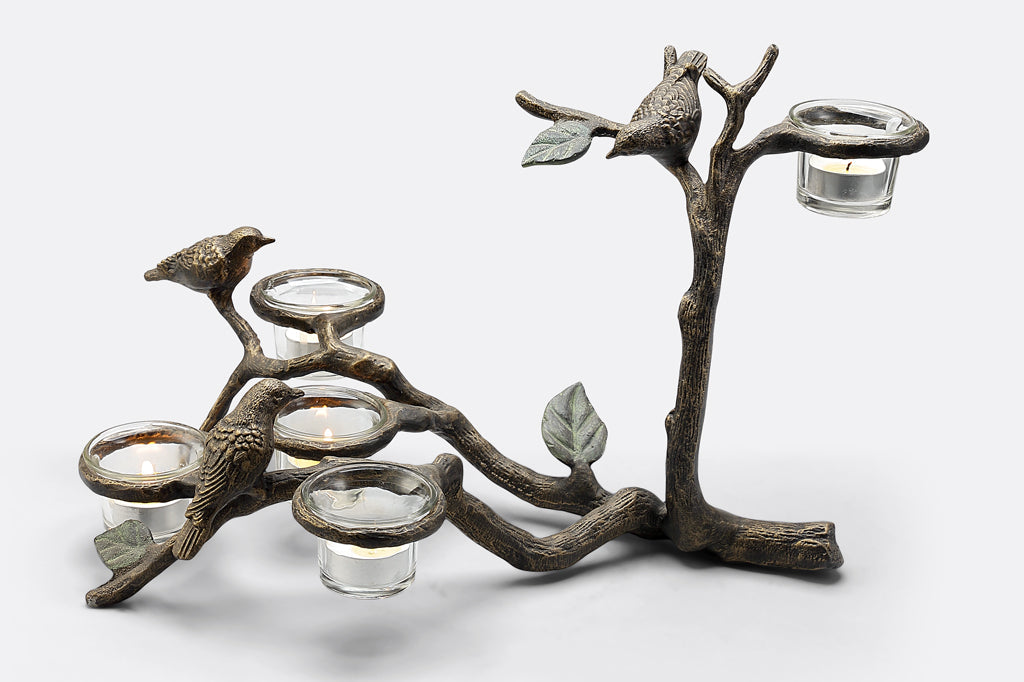 bird and branch table candelabra with 3 birds, holds 5 tealights in glass cups
