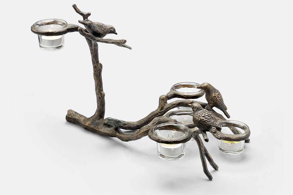bird and branch table candelabra with 3 birds, holds 5 tealights in glass cups