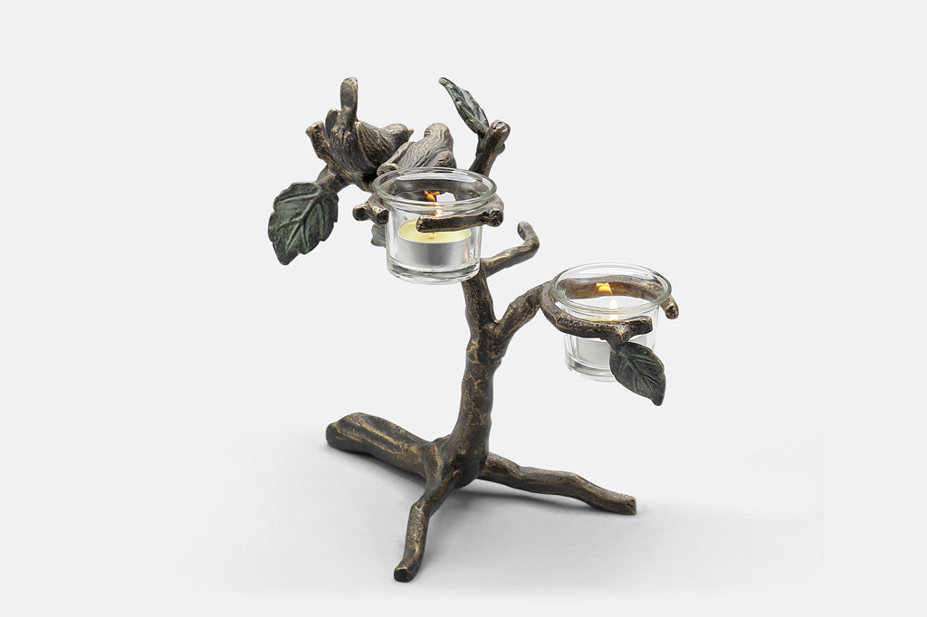small bird and branch table candelabra with 2 birds, holds 3 tealights in glass cups