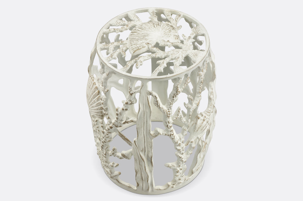 Under the Sea Stool in White showcases sculptural seashells and coral motif with subtle finish accents in bronze and zinc
#color_white