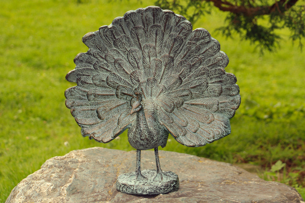 Peacock statue on outdoor rock