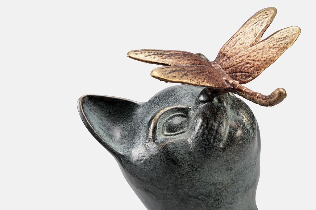 close up detail and texture of dragonfly. Bronzy copper color while cat is gray with flecks of blue